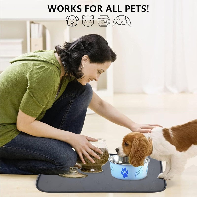 IYYI Cat Food Mat, Silicone Pet Food Mat for Floor, Waterproof Non Slip Pet Feeding Mat, Raised Edge Cat Bowl Mat to Stop Food Spills and Water Messes (Gray+Fishbone) - Image 4
